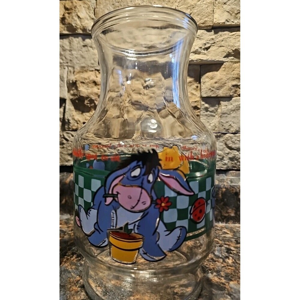 USA Disney WINNIE THE POOH, EEYORE Glass Carafe, Juice Pitcher Anchor Hocking - Picture 2 of 9